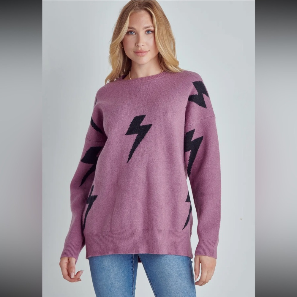 Mauve Crew Neck Sweater with Black Lightning Bolt Design